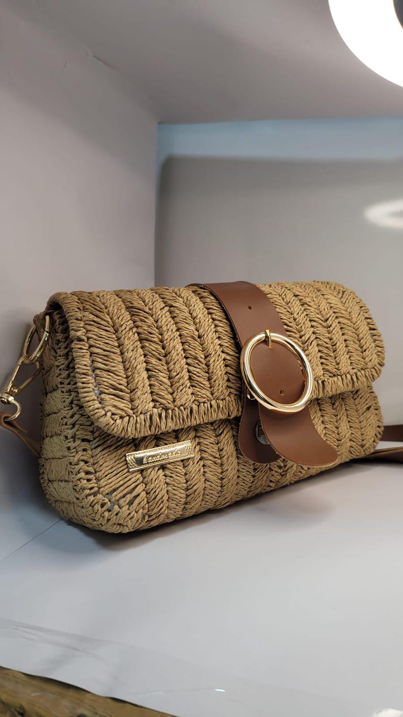 Bohemian Straw Crossbody Bag - Handmade Authentic Mini Bag by Seval Özsoy - Natural Woven Shoulder Purse with Leather Flap - Unique Artisan Gift