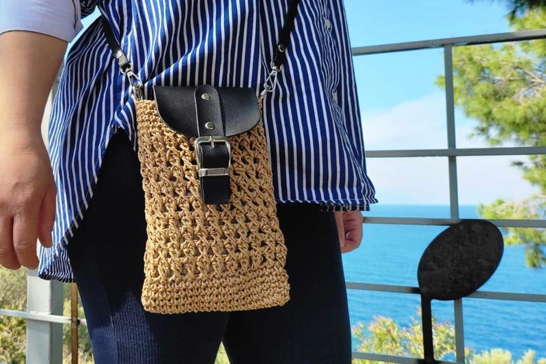 Homeartparis Woven Straw Crossbody Bag - Handmade Summer Mini Bag by Seval Özsoy - Natural Straw Purse with Black Leather Flap - Unique Gift for Her