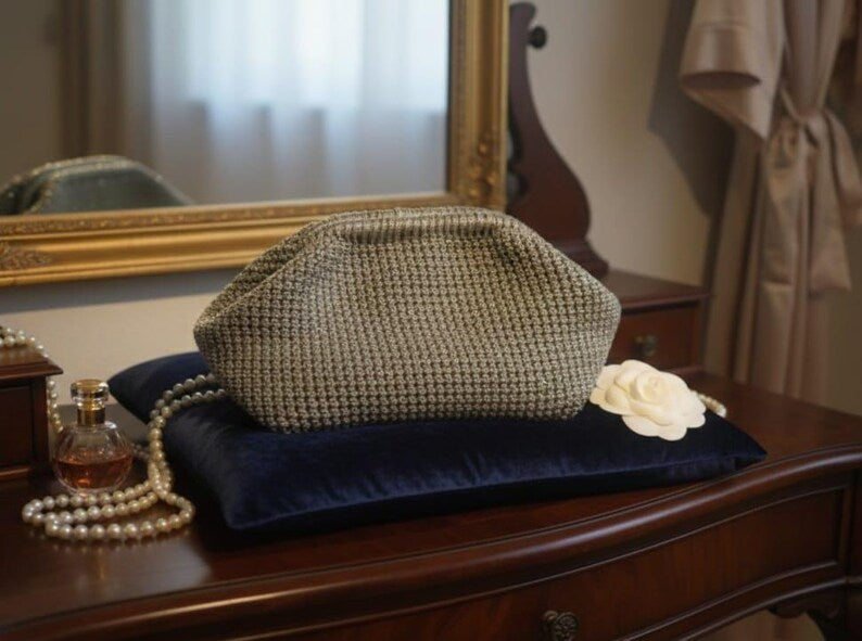 The Homeartparis Sparkly Grey Crochet Clutch - Handmade Silver Glitter Evening Bag by Seval Özsoy - Luxury Party Purse with Metal Frame - Elegant Occasion Gift