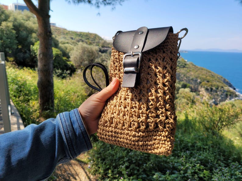 Crossbody Bag with Black Leather Flap - Handmade Authentic Mini Shoulder Bag by Seval Özsoy - Unique Woven Boho Purse