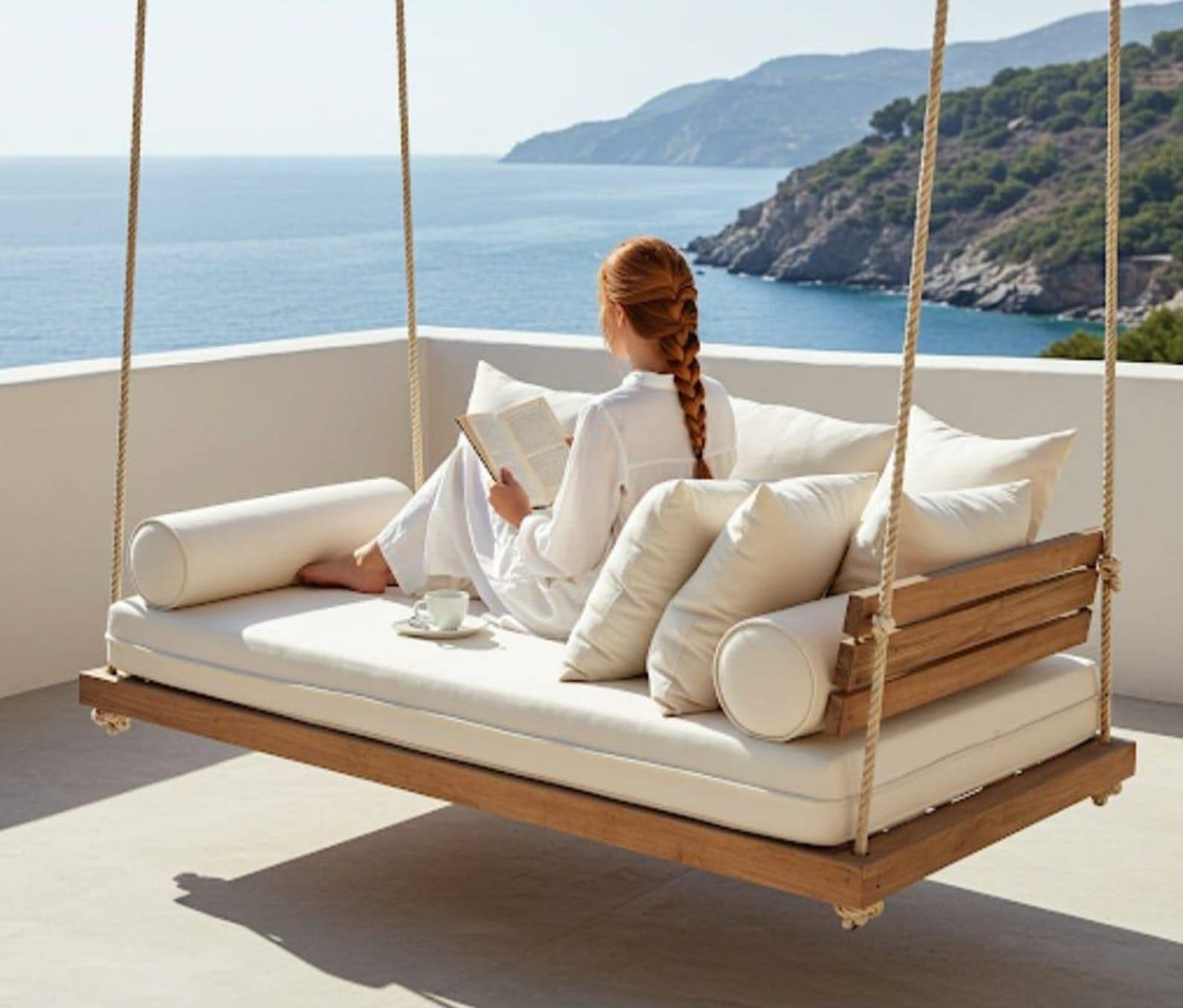 Luxury Handmade Wooden Swing Bed 60x160 cm (24x63 inches), Hanging Daybed with 180 cm (71 inches) Adjustable Ropes, Full Set with Cream Cushions