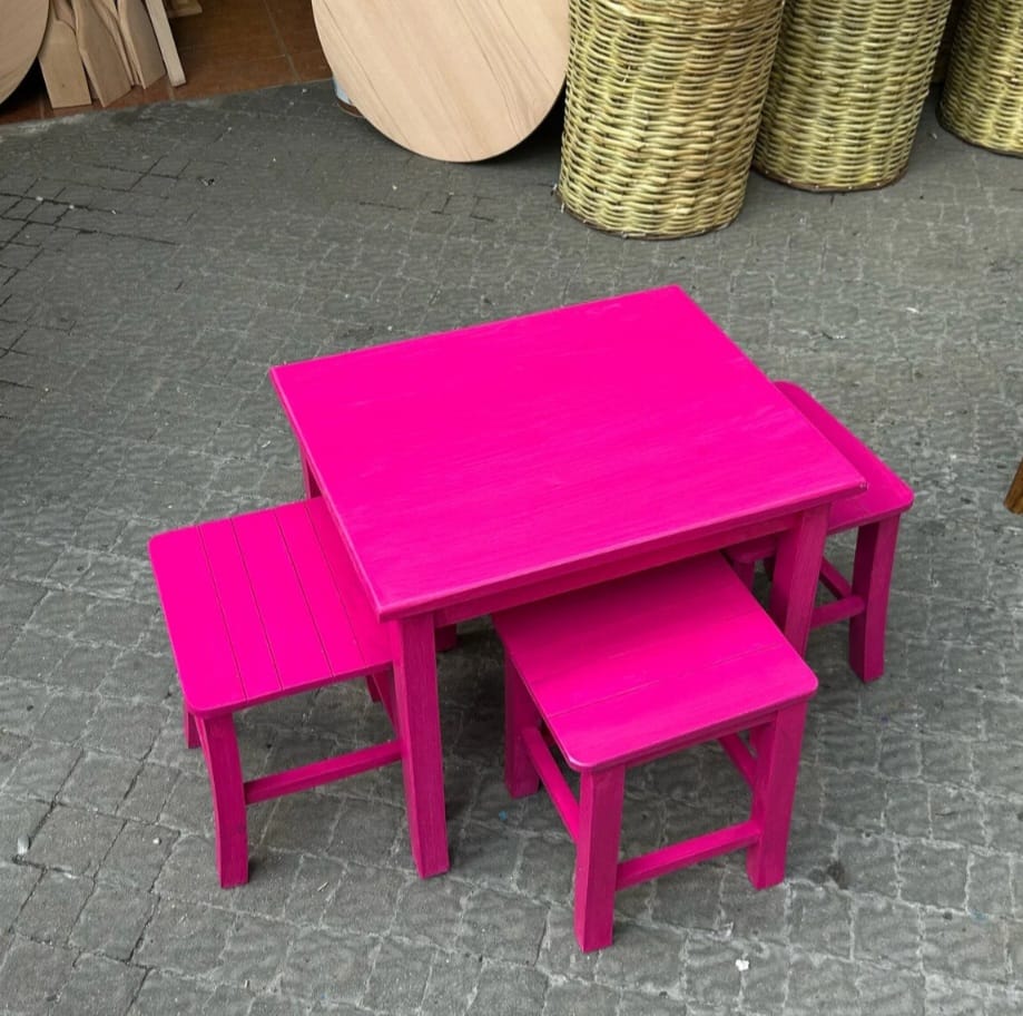 Vibrant Commercial Cafe Table Set, 4 Stools and 1 Table, Patio and Terrace Furniture, Customizable Wood, Suitable for Indoor/Outdoor Use> by homeartparis