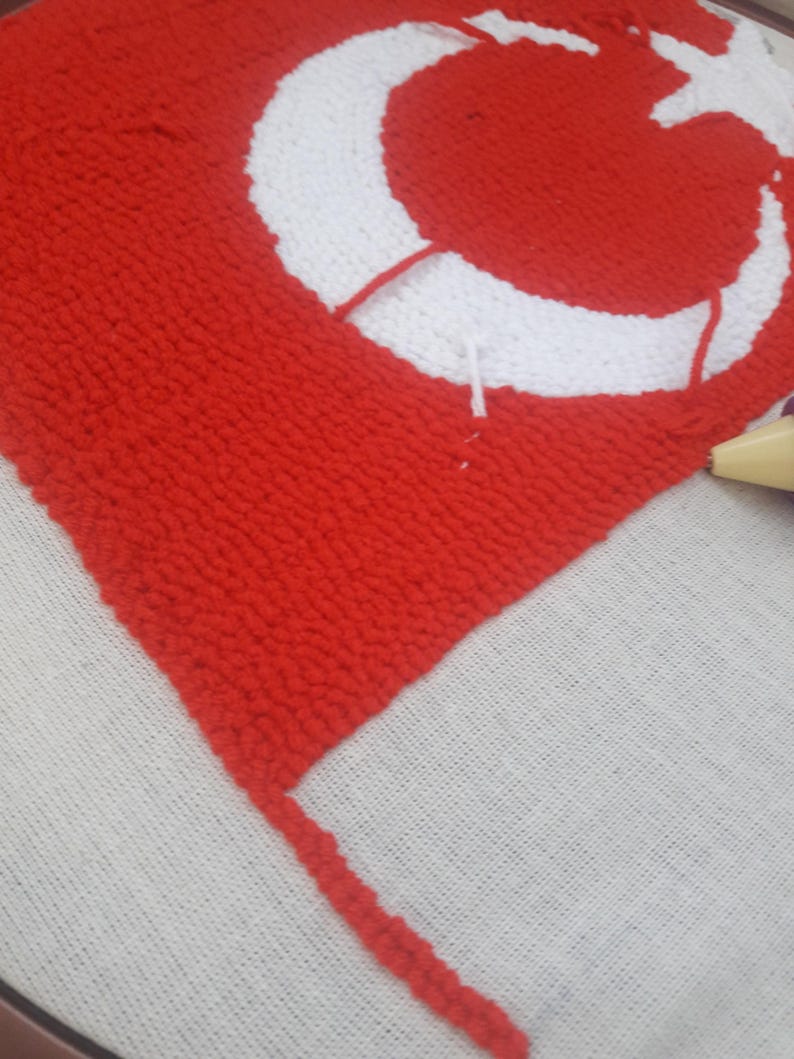 homeartparis Turkish Flag Punch Needle Pillow Cover, Turkey Linen Cushion Case, Travel Souvenir Gift, Textured Home Decor 16x16