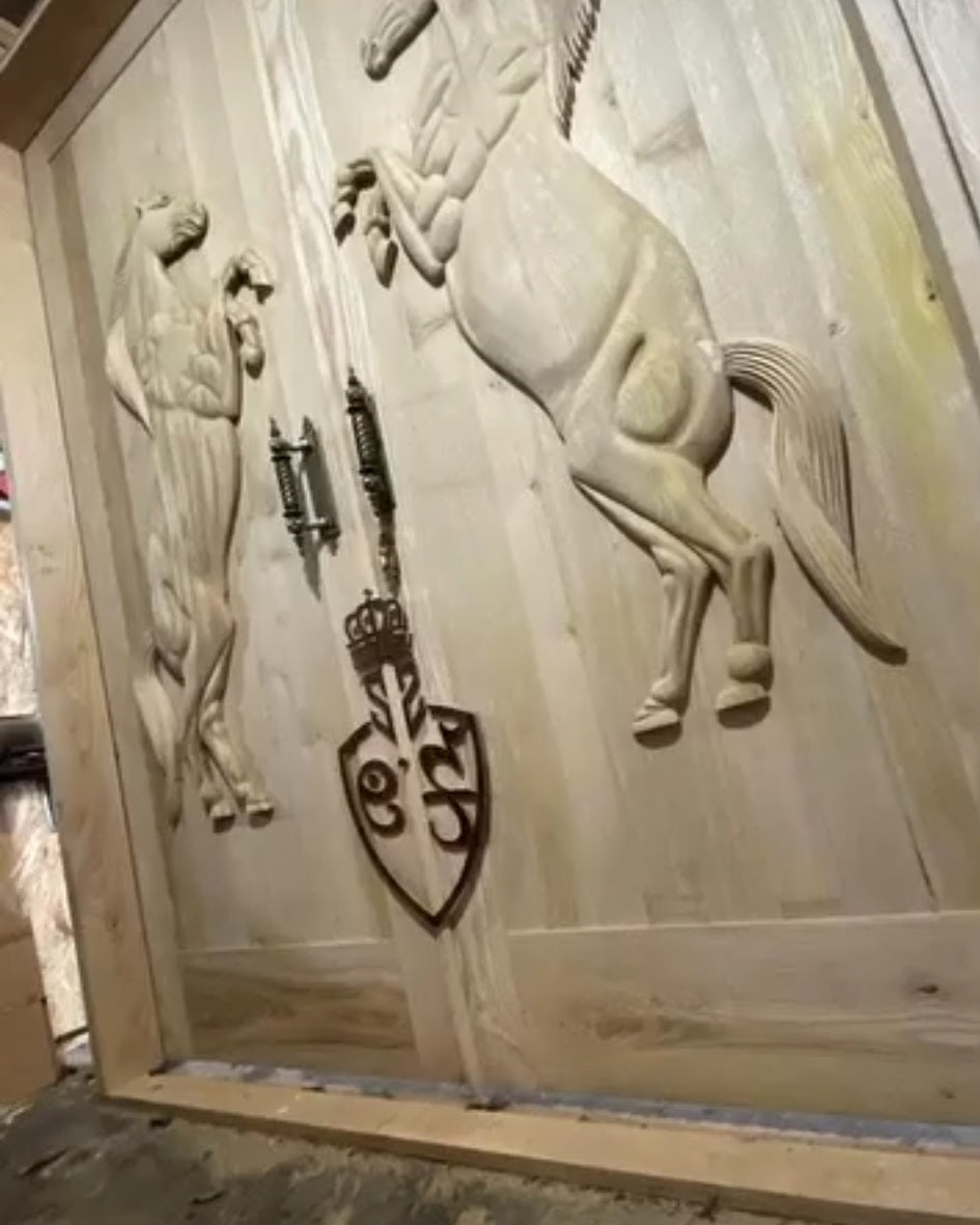 Vitage Wooden Garden Gate, Medieval Hand-Carved Chestnut Wood Double Doors with Rearing Horse Reliefs - Custom Size and Logo Options Homeartparis production