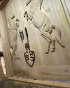 Vitage Wooden Garden Gate, Medieval Hand-Carved Chestnut Wood Double Doors with Rearing Horse Reliefs - Custom Size and Logo Options Homeartparis production
