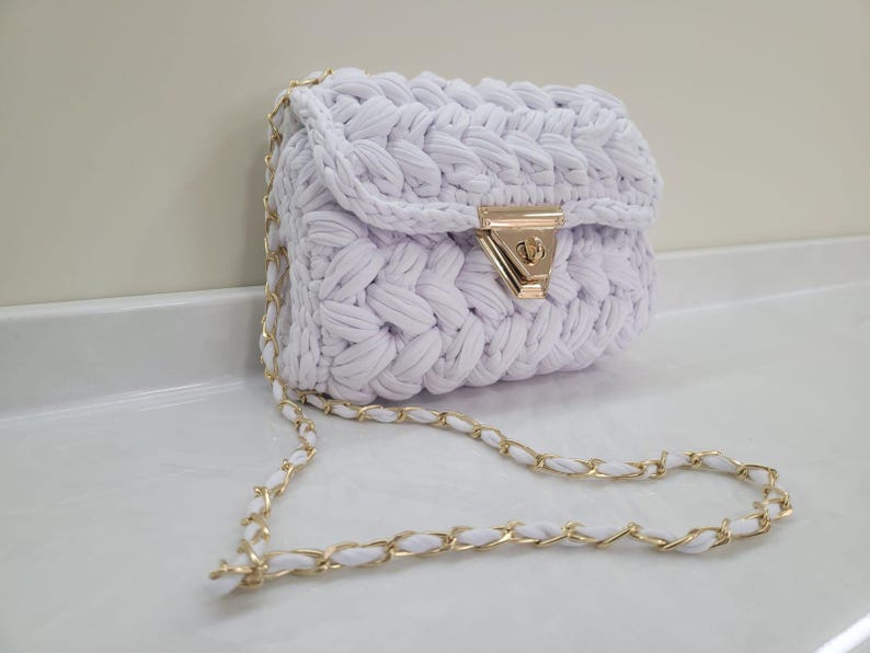 Chalk White Crochet Crossbody Bag - Handmade Popcorn Stitch Purse by Seval Özsoy - Soft T-Shirt Yarn Mini Bag - Unique Designer Gift