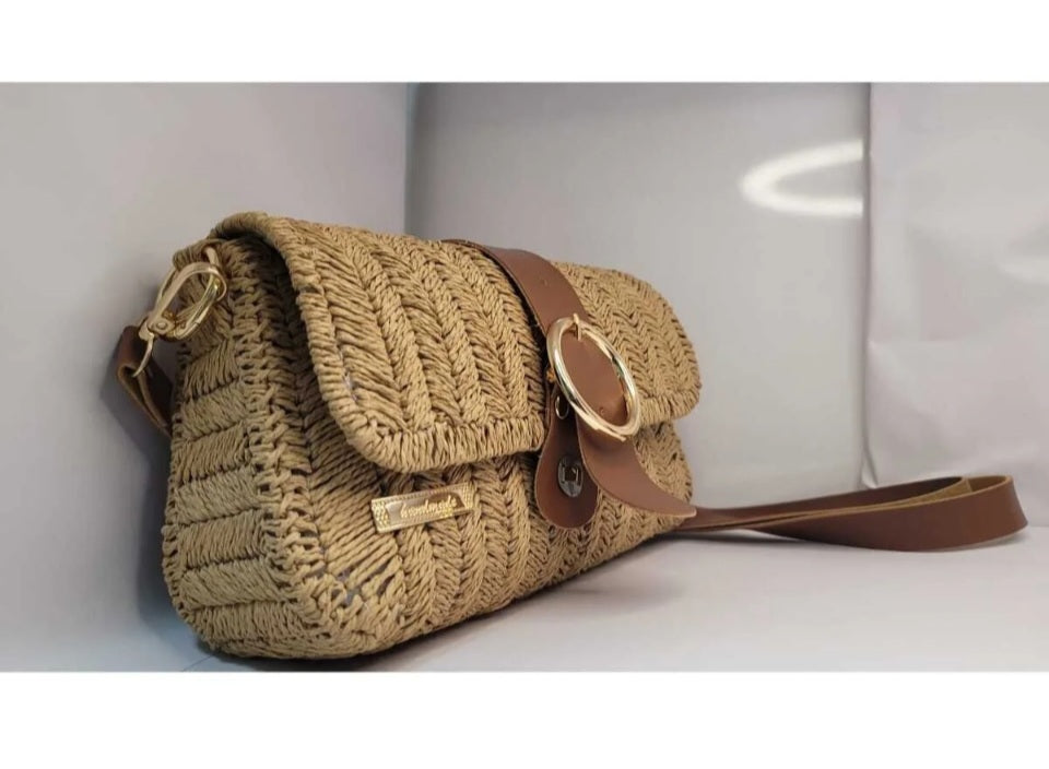 Handmade Straw Shoulder Bag - Bohemian Crossbody by Seval Özsoy - Natural Woven Summer Purse with Gold Ring Buckle - Unique Artisan Gift