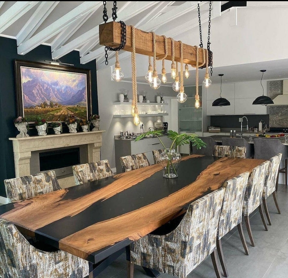 Wood Beam Chandelier with 10 Rope Pendants and Artificial Flowers Homeartparis production