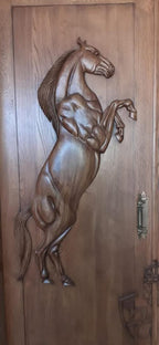 Vitage Wooden Garden Gate, Medieval Hand-Carved Chestnut Wood Double Doors with Rearing Horse Reliefs - Custom Size and Logo Options Homeartparis production
