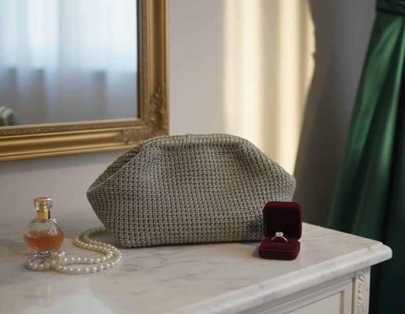 The Homeartparis Sparkly Grey Crochet Clutch - Handmade Silver Glitter Evening Bag by Seval Özsoy - Luxury Party Purse with Metal Frame - Elegant Occasion Gift