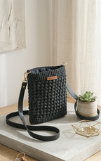 Black Crochet Mini Shoulder Bag - Bohemian Knit Crossbody Purse with Vegan Leather Accents - Unique Artisan Gift for Daily Use