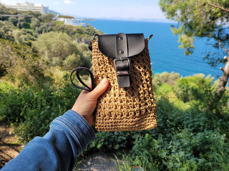 Homeartparis Woven Straw Crossbody Bag - Handmade Summer Mini Bag by Seval Özsoy - Natural Straw Purse with Black Leather Flap - Unique Gift for Her
