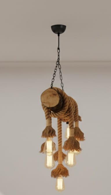 6-Light Natural Oak Branch and Rope Rustic Chandelier - Organic Homeartparis Design