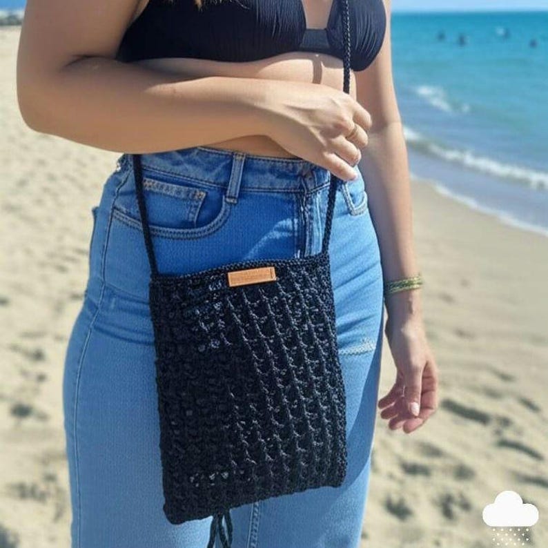 Black Crochet Mini Shoulder Bag - Bohemian Knit Crossbody Purse with Vegan Leather Accents - Unique Artisan Gift for Daily Use