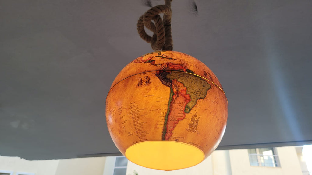 Vintage World Map Pendant Light - Handcrafted Nautical Hanging Globe Lamp with Adjustable Rope