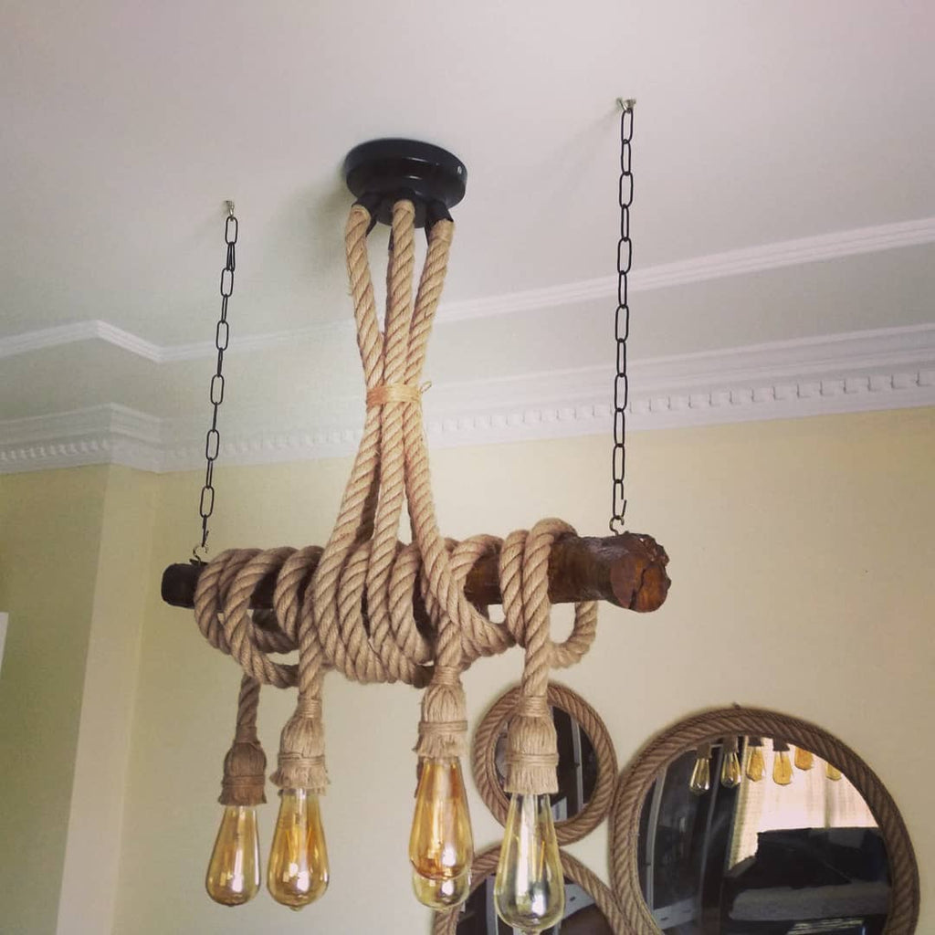 Medieval Style 6-Light Natural Wood Branch and Rope Rustic Chandelier Homeartparis production