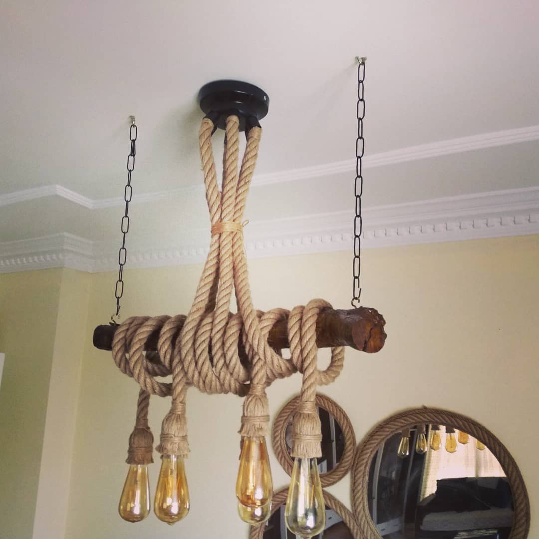 Medieval Style 6-Light Natural Wood Branch and Rope Rustic Chandelier Homeartparis production