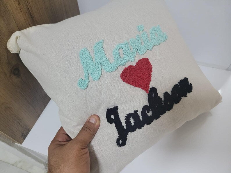 homeartparis Textured Punch Needle Pillow, Custom Couple Gift, Personalized Wedding Anniversary Cushion Cover by SevalDesing