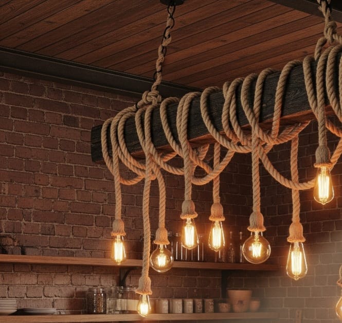 Grand 138 cm Wood Beam Chandelier with 15 Rope Pendants and Artificial Flowers Homeartparis production