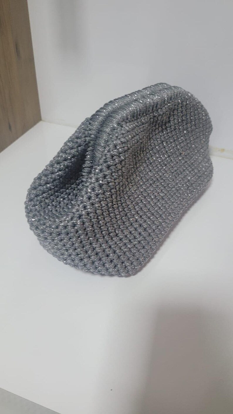The Homeartparis Sparkly Grey Crochet Clutch - Handmade Silver Glitter Evening Bag by Seval Özsoy - Luxury Party Purse with Metal Frame - Elegant Occasion Gift