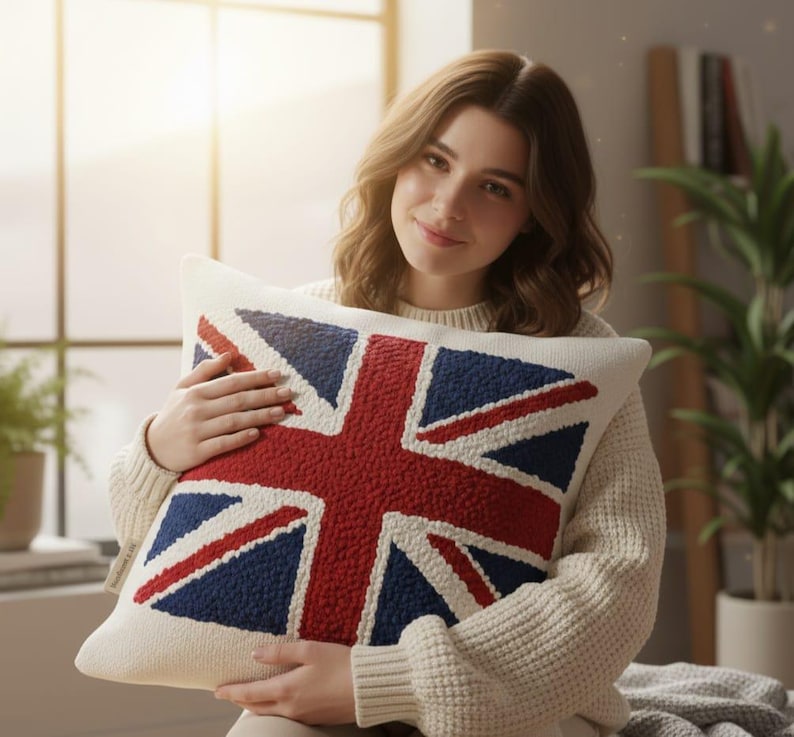 Homeartparis Punch Needle UK Flag Pillow - Handmade Union Jack Tufted Cushion by Seval Özsoy - Patriotic British Decor - Available as Cover Only or with Filling