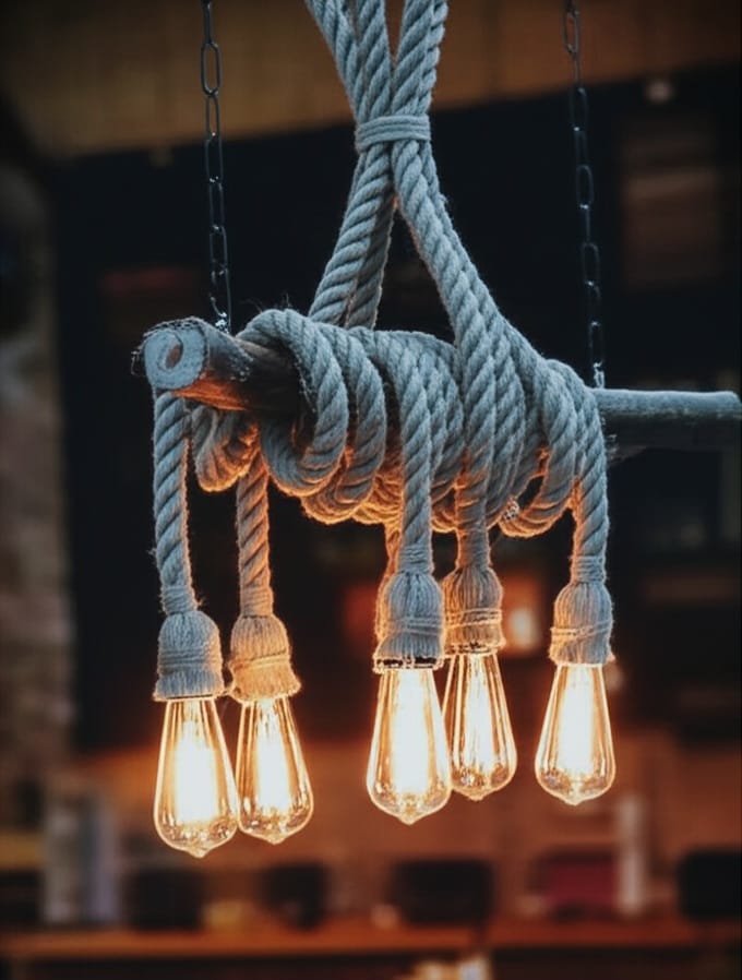 Medieval Style 6-Light Natural Wood Branch and Rope Rustic Chandelier Homeartparis production
