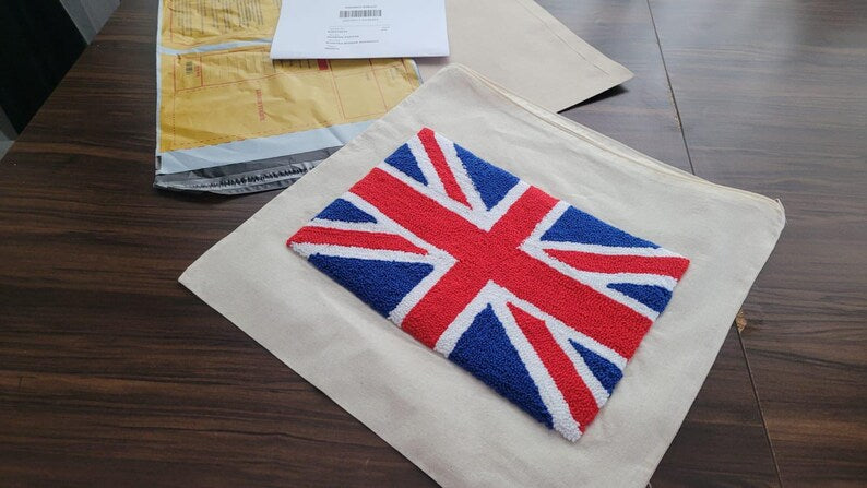 Punch Needle Union Jack Pillow Cover | Handmade British Flag Tufted Cushion | UK Themed Home Decor | Red White Blue Design Accent