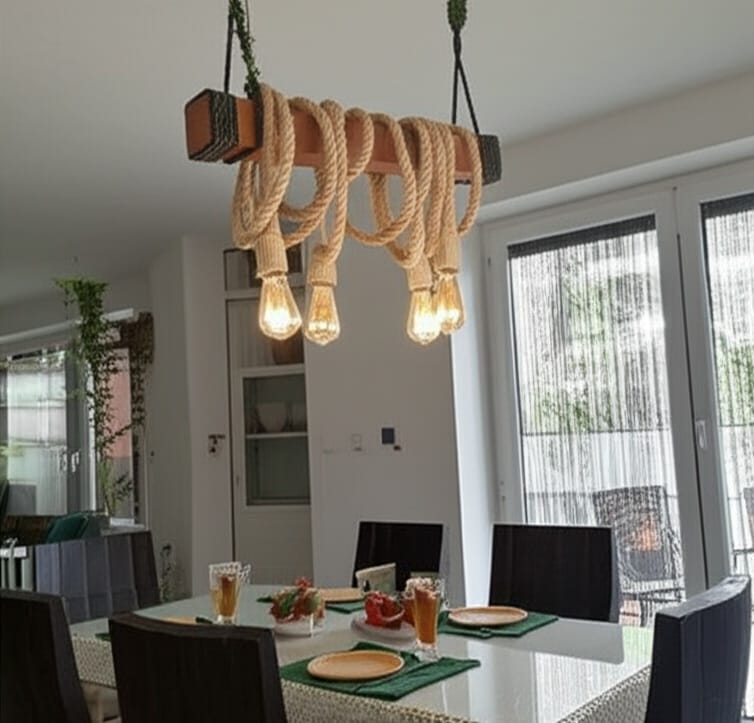 Walnut finish wood chandelier, 4-rope rustic pendant light, Homeartparis production, handcrafted walnut beam lamp, decorative rope ceiling fixture, farmhouse walnut lighting, vintage jute rope pendant, industrial walnut light.