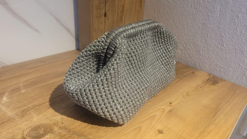 The Homeartparis Sparkly Grey Crochet Clutch - Handmade Silver Glitter Evening Bag by Seval Özsoy - Luxury Party Purse with Metal Frame - Elegant Occasion Gift