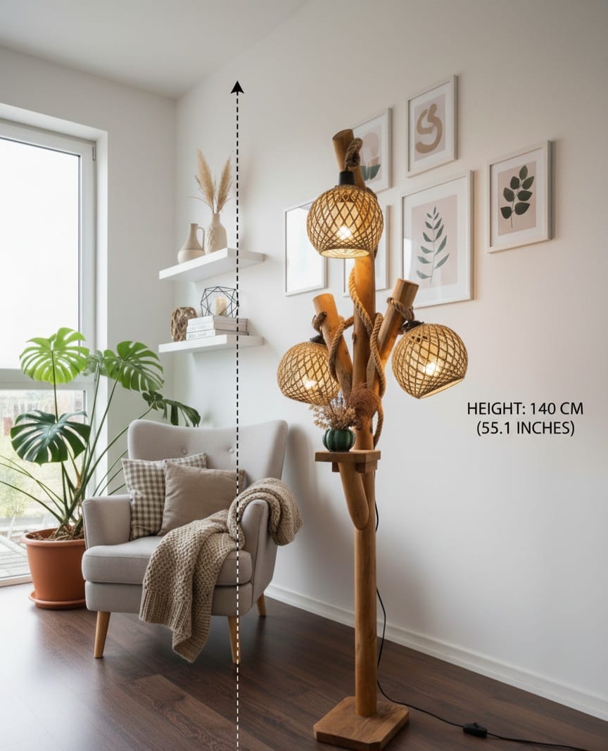 Natural Tree Branch Floor Lamp with 3 Rope Shades Homeartparis production