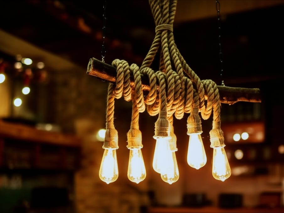 Medieval Style 6-Light Natural Wood Branch and Rope Rustic Chandelier Homeartparis production