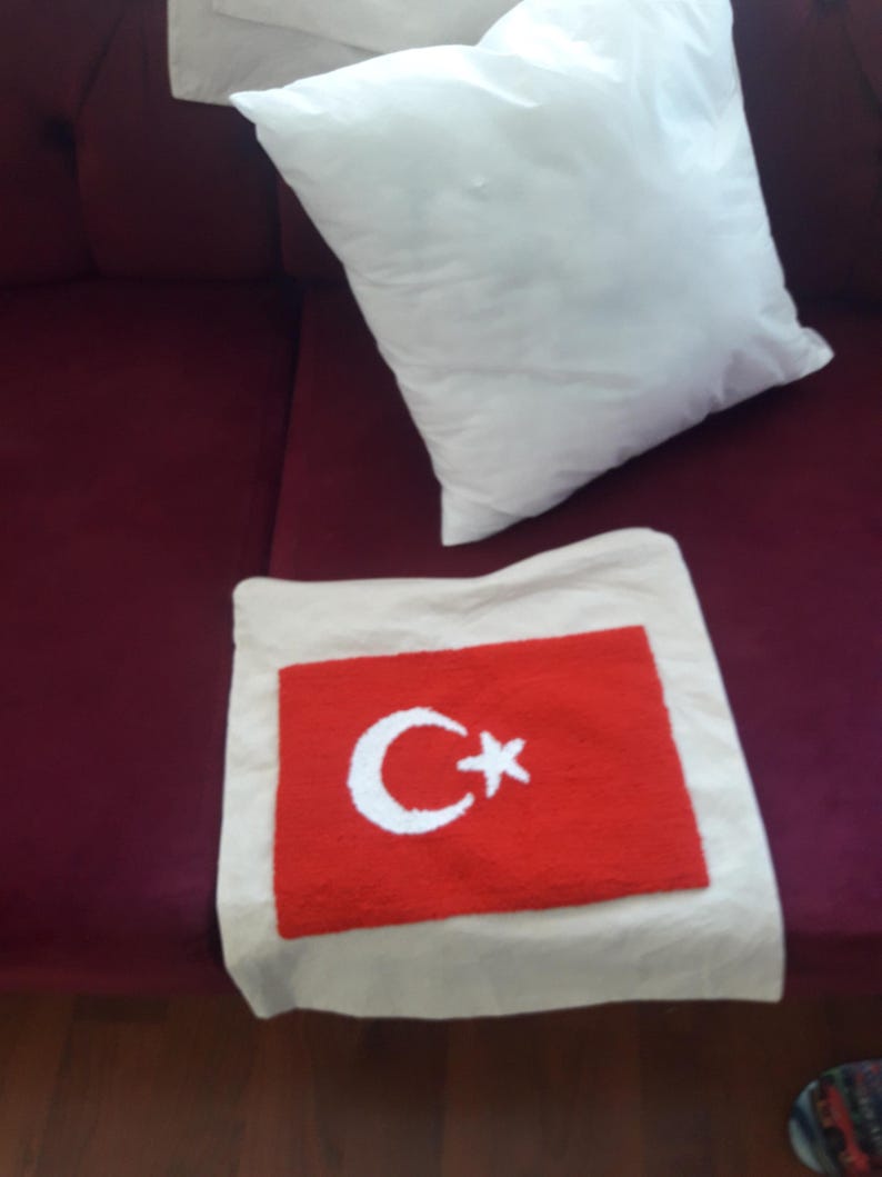 homeartparis Turkish Flag Punch Needle Pillow Cover, Turkey Linen Cushion Case, Travel Souvenir Gift, Textured Home Decor 16x16
