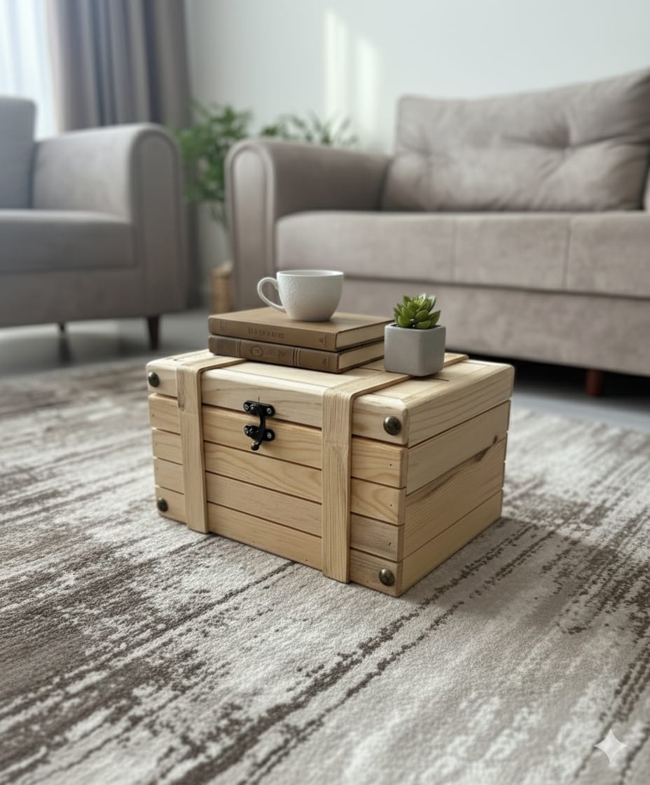 Solid Wood Coffee Table Chest, Handmade Storage Trunk Table, Rustic Pine Wood Chest, 2 Sizes, Multipurpose Living Room Furniture by homeartparis
