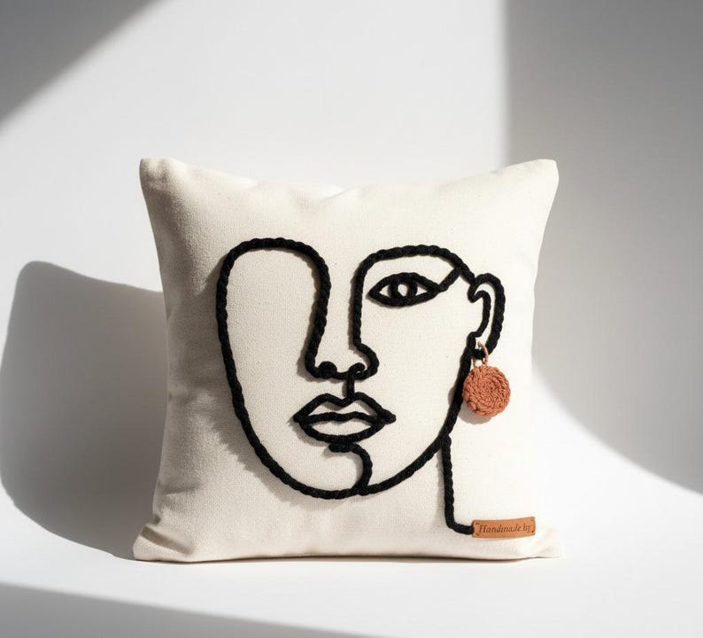 homeartparis Line Art Face Punch Needle Pillow Cover, Custom Color, Abstract Modern Cushion Case, Boho Decor Gift 16x16