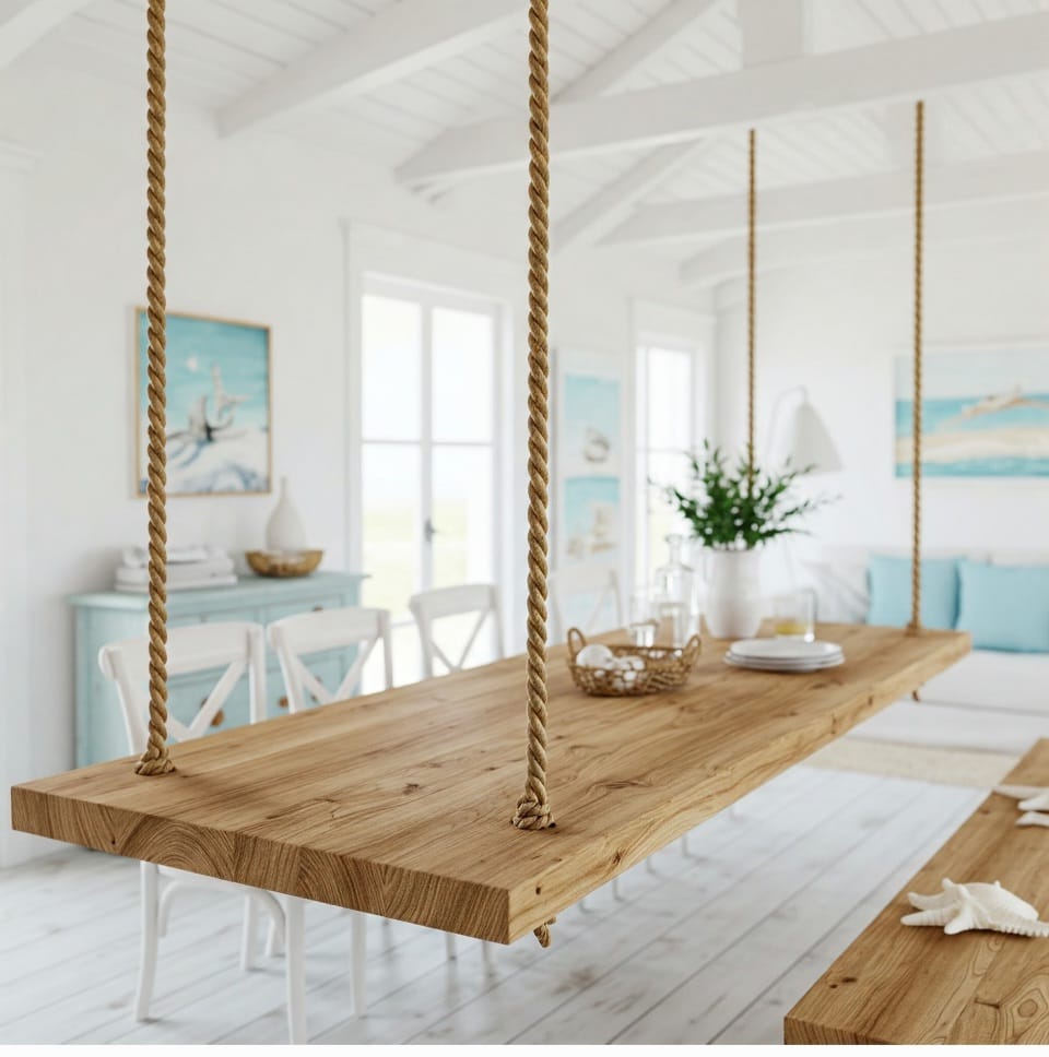 Solid Wood Ceiling Hanging Table, Rustic Jute Rope Floating Dining Table Homeartparis production