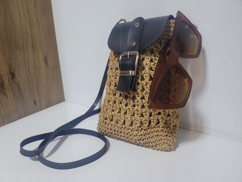 Crossbody Bag with Black Leather Flap - Handmade Authentic Mini Shoulder Bag by Seval Özsoy - Unique Woven Boho Purse