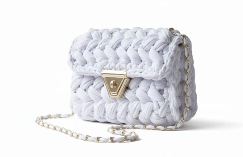 Chalk White Crochet Crossbody Bag - Handmade Popcorn Stitch Purse by Seval Özsoy - Soft T-Shirt Yarn Mini Bag - Unique Designer Gift