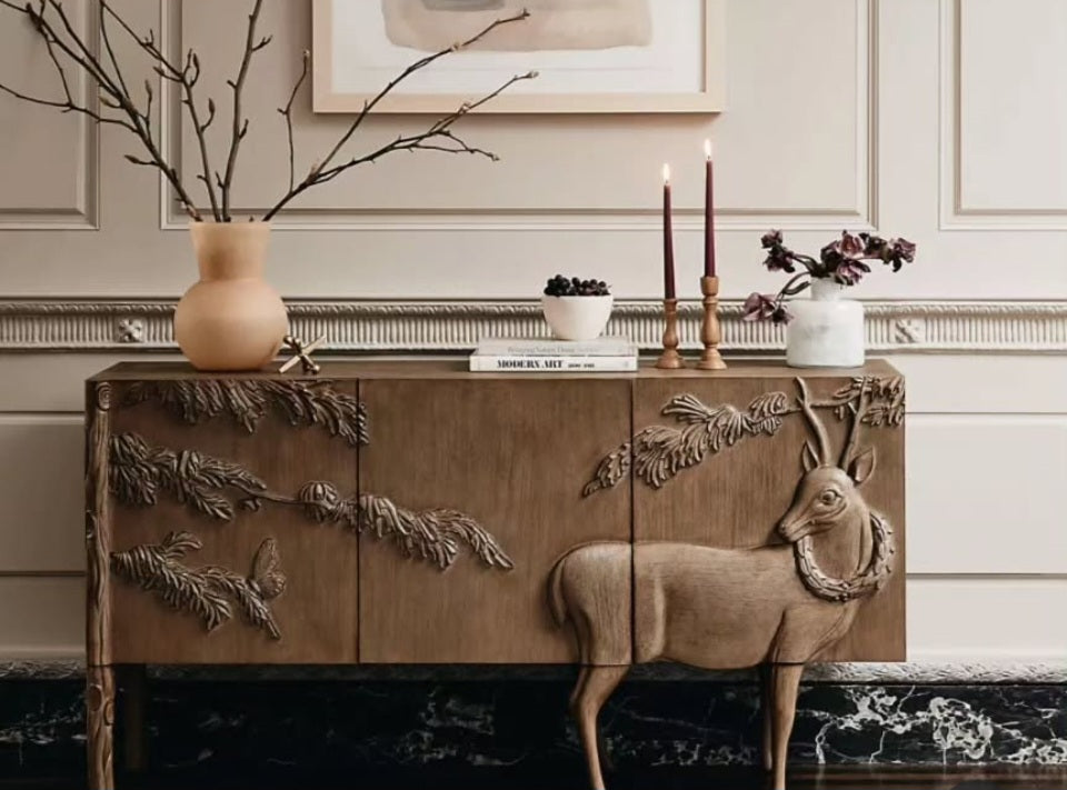 Hand-Carved Chestnut Wood Sideboard with Deer Relief Art - Custom Wildlife Design Homeartparis production