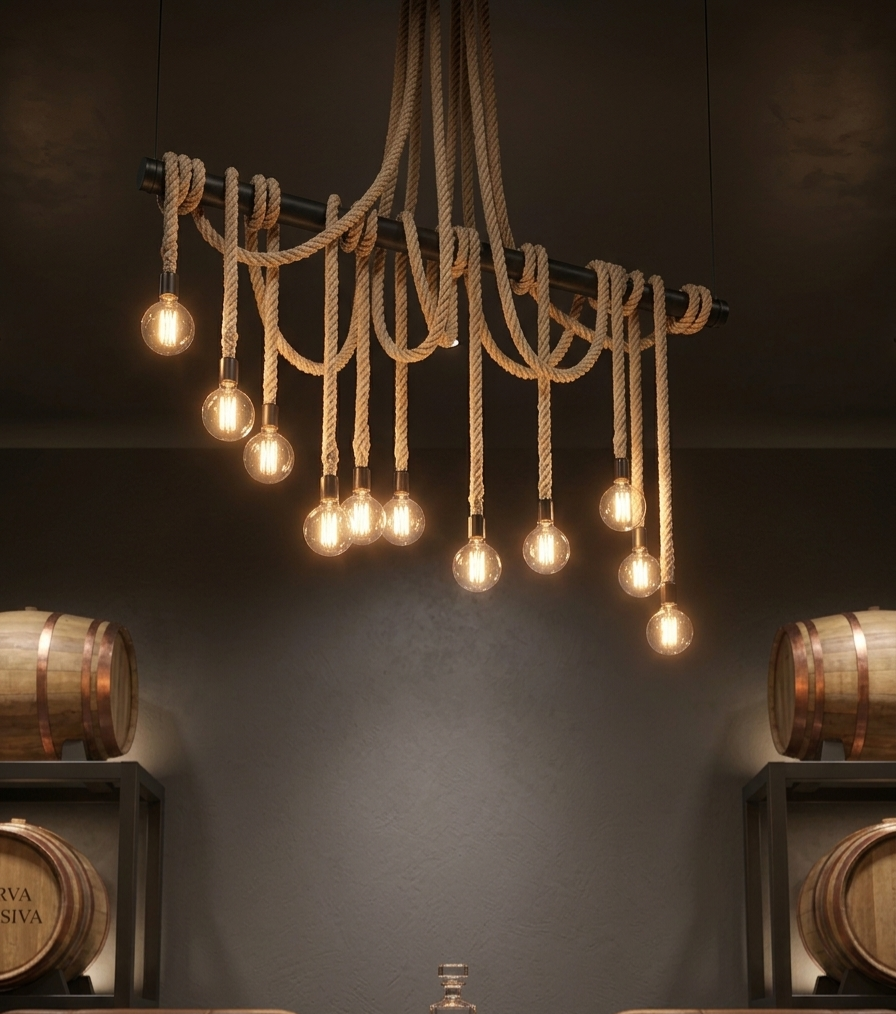 Rustic Rope Chandelier with 11 Pendant Lights, Industrial Edison Hanging Lamp, Large Farmhouse Wood Beam Lighting, Custom Handmade Ceiling Light Homeartparis production