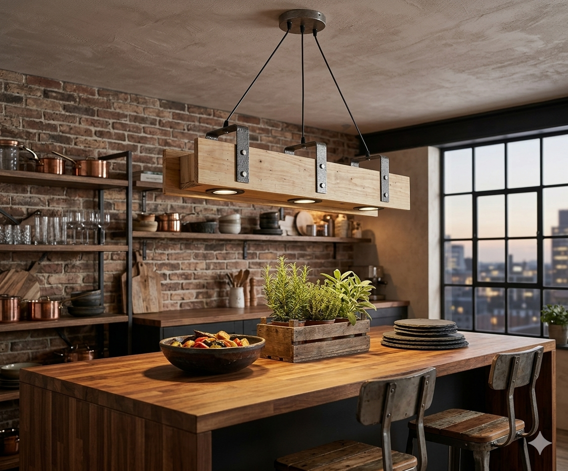Rustic Wood LED Chandelier, Linear Light for Kitchen Island, 3-Spotlight Fixture, Minimalist Office Ceiling Lamp