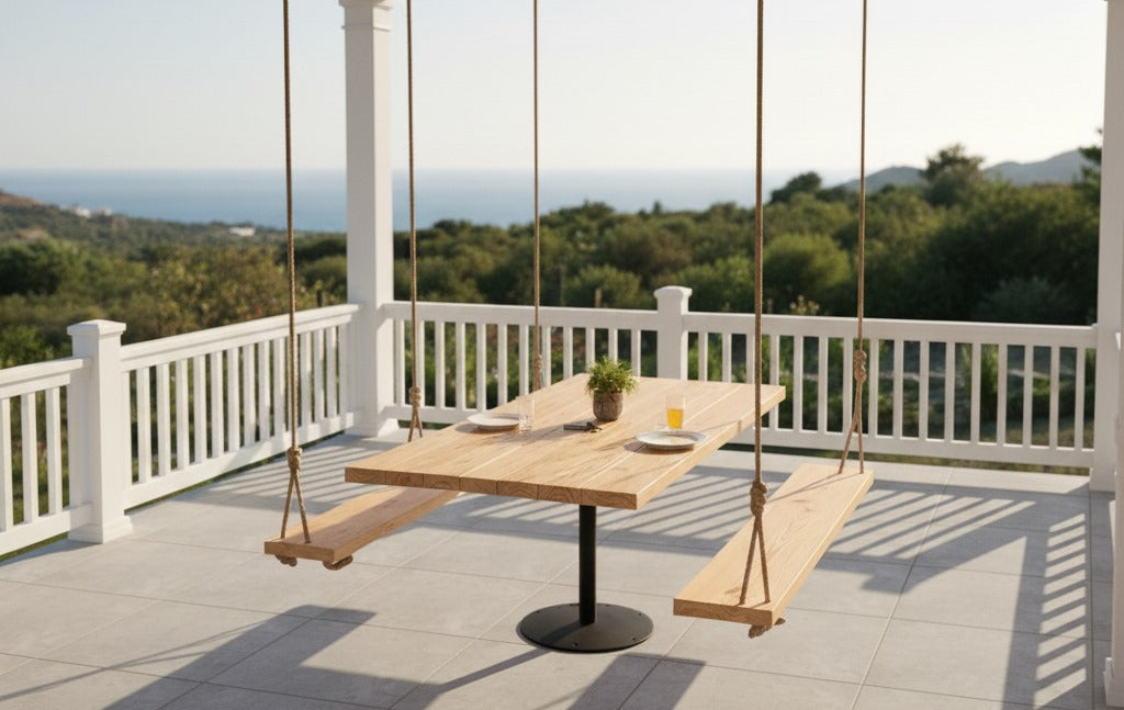 Homeartparis Handcrafted Industrial Solid Wood Dining Table with Swing Benches