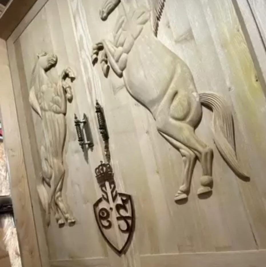 Vitage Wooden Garden Gate, Medieval Hand-Carved Chestnut Wood Double Doors with Rearing Horse Reliefs - Custom Size and Logo Options Homeartparis production