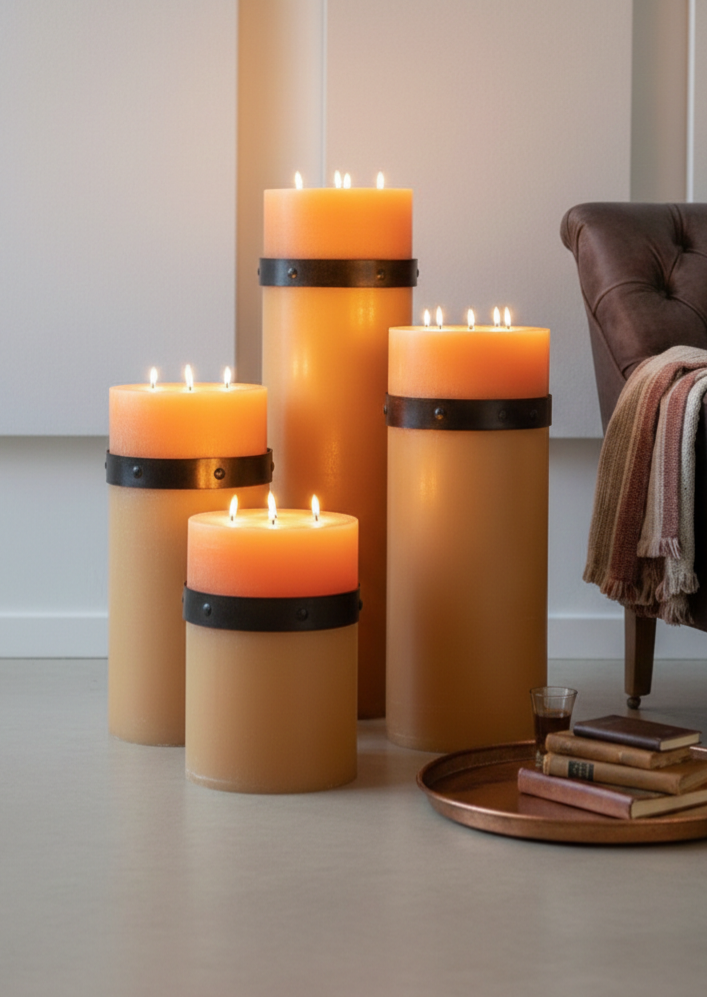 Set of 4 Giant Pillar Candles - 3-Wick Scented Luxury Candles with Custom Wooden Crate - Homeartparis production
