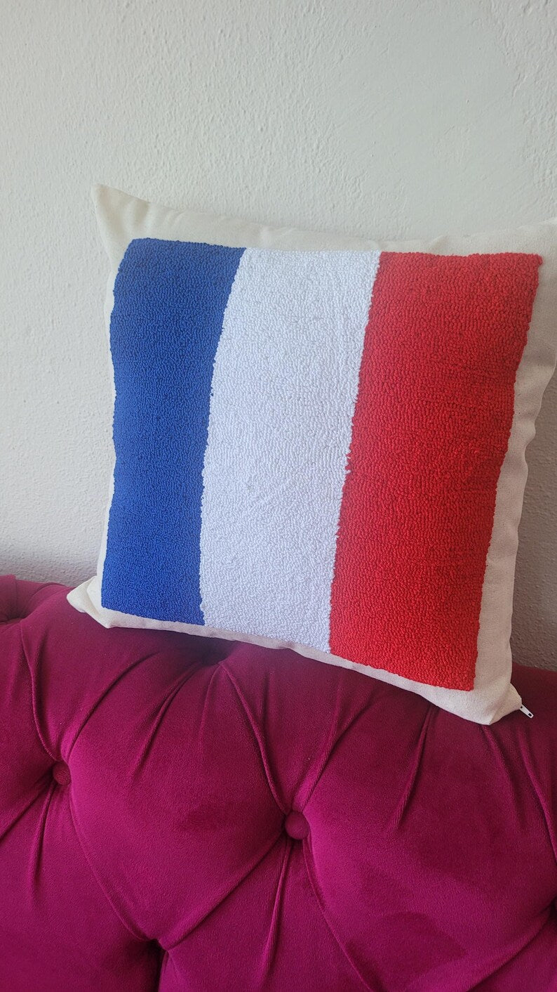 Homeartparis French Flag Punch Needle Pillow Cover, France Linen Cushion Case, Parisian Style Gift, Textured Home Decor 16x16