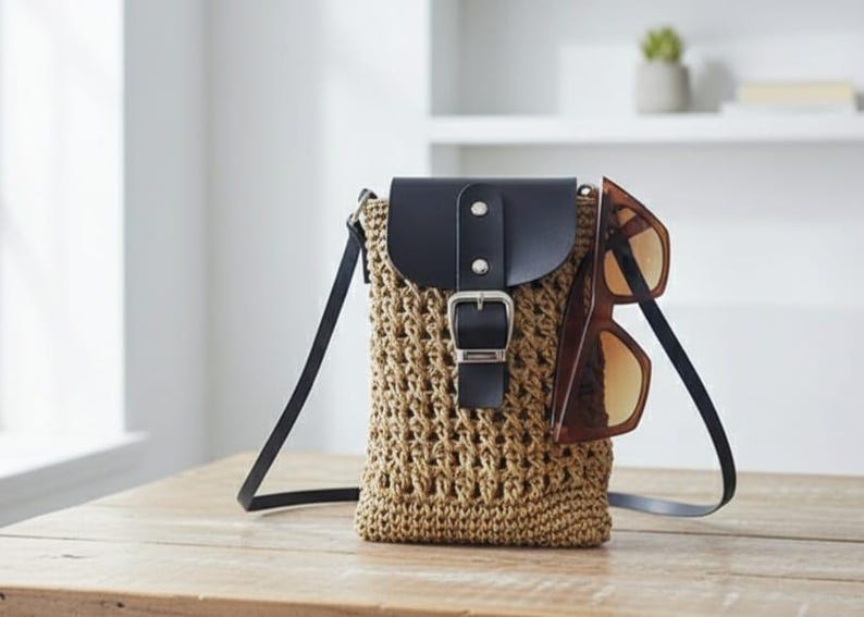 Crossbody Bag with Black Leather Flap - Handmade Authentic Mini Shoulder Bag by Seval Özsoy - Unique Woven Boho Purse