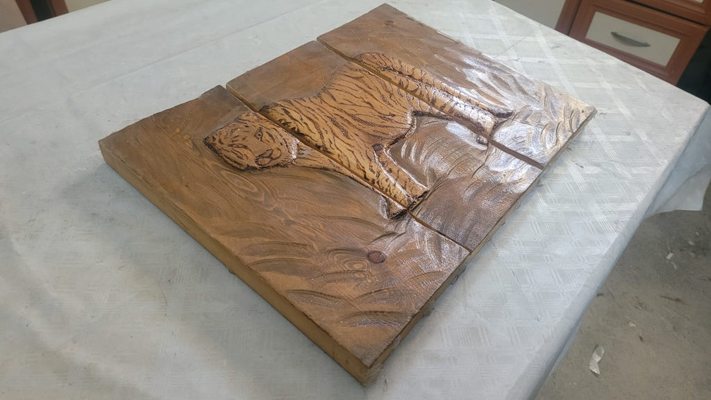 Spirit of Shadow and Fire: 3-Piece Hand-Carved & Pyrography Wood Art Tiger - Homeartparis production