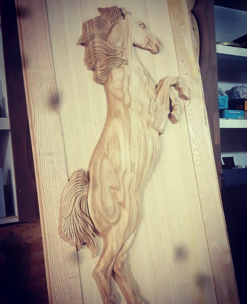Vitage Wooden Garden Gate, Medieval Hand-Carved Chestnut Wood Double Doors with Rearing Horse Reliefs - Custom Size and Logo Options Homeartparis production