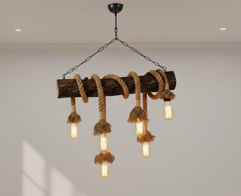 6-Light Natural Oak Branch and Rope Rustic Chandelier - Organic Homeartparis Design