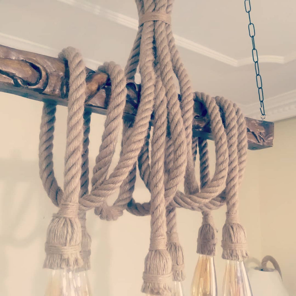 Hand Carved Mythological Snake Wood Chandelier with Jute Rope Vintage Beam Lighting Homeartparis production