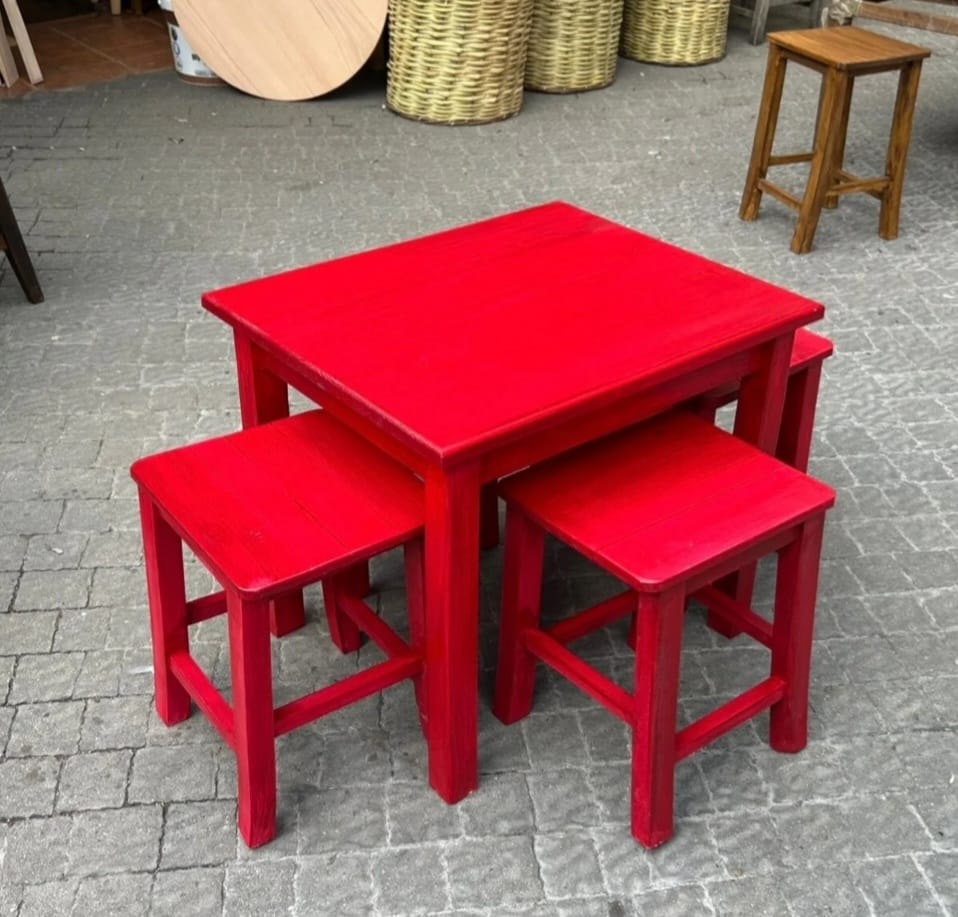 Vibrant Commercial Cafe Table Set, 4 Stools and 1 Table, Patio and Terrace Furniture, Customizable Wood, Suitable for Indoor/Outdoor Use> by homeartparis